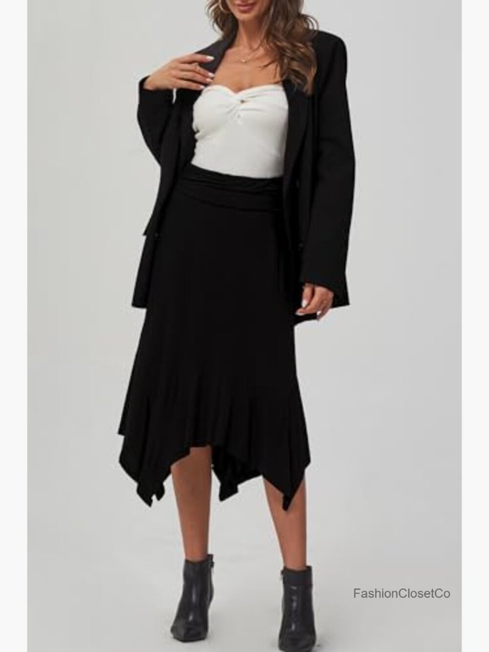 Flowy Handkerchief Hemline Midi Skirt - Ruched Elastic Waist - Picture 6 of 7